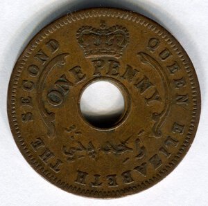 reverse: Nigeria. Regina Elisabetta 2°. 1 penny del 1959. CuSn. BB.