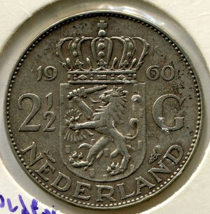 reverse: Olanda. Regina Giuliana. 2 1/2 gulden del 1960. Ag. qSPL.