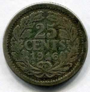 reverse: Olanda. Regina Guglielmina. 25 cents del 1916. Ag. BB. NC.