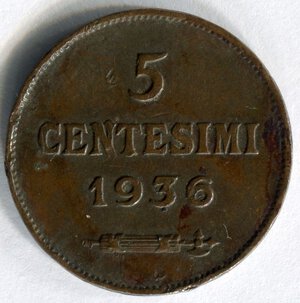 reverse: San Marino. 5 centesimi del 1936. CuSn. BB.