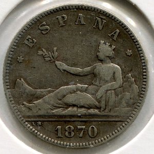 reverse: Spagna (governo provvisorio). 2 pesetas del 1870. Ag 0.835‰. qBB. NC.