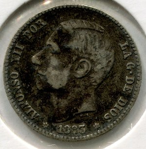 obverse: Spagna. Re Alfonso 12°. 1 peseta del 1883. Ag 0.853‰.  qBB. NC.