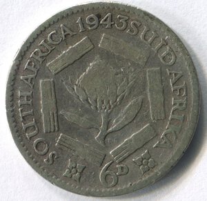 reverse: Sudafrica. Re Giorgio 6°. 6 pence del 1943. Ag 0.800‰. MB.