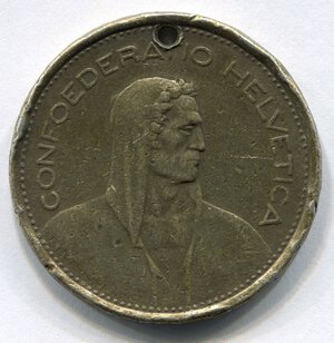 obverse: Svizzera. 5 franchi del 1967. Ag 0.835‰. Forata. BB. 