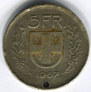 reverse: Svizzera. 5 franchi del 1967. Ag 0.835‰. Forata. BB. 