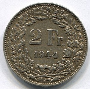 reverse: Svizzera. 2 franchi del 1944. Ag 0.835‰. BB.