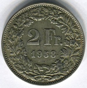 reverse: Svizzera. 2 franchi del 1958. Ag 0.835‰. BB. 