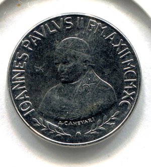 obverse: Vaticano. Giovanni Paolo 2°. 100 lire del 1990. Ac. Spl/Fdc.