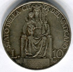 reverse: Vaticano. Pio 12°. 10 lire del 1940. Ag 0.835‰. Spl.