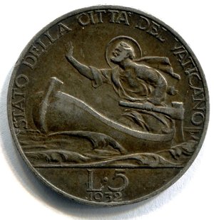 reverse: Vaticano. Pio 11°. 5 lire del 1932. Ag 0.835‰. BB.