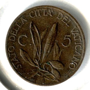 reverse: Vaticano. Pio 11°. 5 centesimi del 1931. CuSn. BB/SPL.