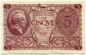 obverse: Regno dItalia. Vittorio Emanuele 3°. Biglietto di Stato da 5 lire 