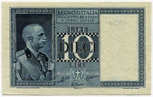 obverse: Regno dItalia. Vittorio Emanuele 3°. Biglietto di Stato da 10 lire 