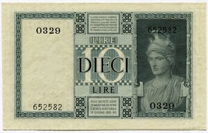 reverse: Regno dItalia. Vittorio Emanuele 3°. Biglietto di Stato da 10 lire 