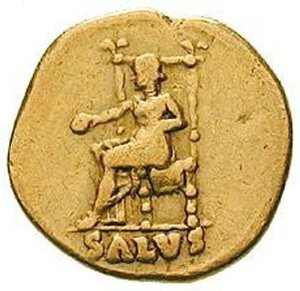 reverse: NERONE (54-68). Roma. AU aureus (7,10 gr.). D.\: NERO CAESAR AVGVSTVS; R.\: SALVS; RIC 59; C. 313. qBB. NC.