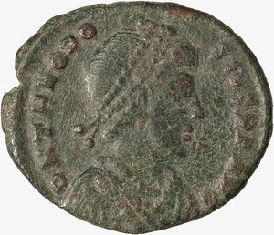 obverse: IMPERO ROMANO, TEODOSIO I, 379-395 D.C. - Maiorina ridotta databile al 383-388 d.C.