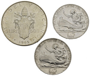reverse: VATICANO. Lotto di 3 monete. Ag. Pio XI 5 lire 1930 - 1936; Paolo VI 500 lire 1965. SPL-FDC