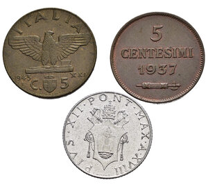 reverse: Lotto di 3 monete. Vaticano 2 lire 1956 - San Marino 5 centesimi 1937 - Regno d Italia 5 centesimi 1943. SPL-FDC