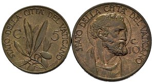 reverse: VATICANO. Pio XII (1939-1958). Lotto di 2 monete (5 e 10 centesimi 1939). Cu. FDC