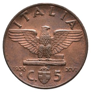 obverse: Vittorio Emanuele III - 5 Centesimi Impero 1938 FDC  ROSSO