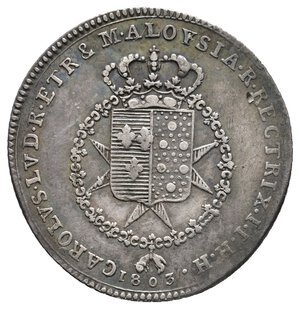 reverse: FIRENZE ED ETRURIA - Carlo Ludovico e Reggenza della madre M.Luigia - 1 Lira argento 1803 RARA