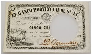 obverse: Banco di Santa Fe  - cinco centavos annullata  - Lotto Ca