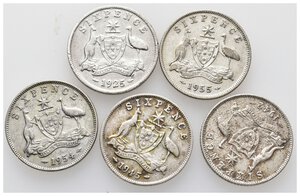 obverse: AUSTRALIA - Lotto 5 monete da 6 Pence argento