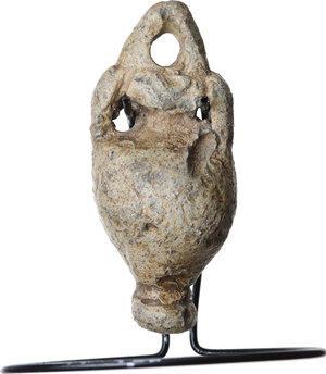 reverse: LARGE ROMAN LEAD AMPHORA  Roman period, c. 1st-3rd century AD.  Large, heavy and unusual Roman solid lead amphora with a large bulbous main body tapering to a short narrow neck with two loop handles on opposing shoulders. On top: hole for suspension.  Dimensions: 78 x 34.5 mm. Weight: 310.4 g