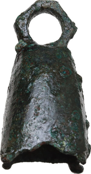 reverse: ROMAN BRONZE BELL  Roman period, c. 1st - 3rd century AD.  Rectangular cross-section bell, with suspension ring.  Height: 50 mm.  Base: 35 x 25 mm