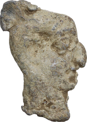 obverse: ROMAN LEAD HEAD  Roman period, c. 2nd-4th century AD.  Lead plaque in the shape of a female head (?) with both faces in relief. The grotesque features suggest a deliberately ugly caricature The characteristics are rendered with a beak nose, big eyes on a narrow face with a long neck.  Dimensions: 41 x 25 mm.  Hollow and a cracked area (see the pictures above), otherwise very well preserved