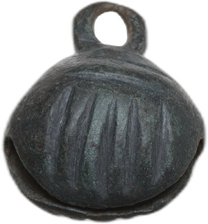 obverse: MEDIEVAL CROTAL BELL  Medieval period, c. 12th-15th century AD.  Bronze crotal bell with nice decoration engraved.    Dimensions: 27 x 22 mm