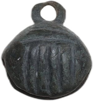 reverse: MEDIEVAL CROTAL BELL  Medieval period, c. 12th-15th century AD.  Bronze crotal bell with nice decoration engraved.    Dimensions: 27 x 22 mm