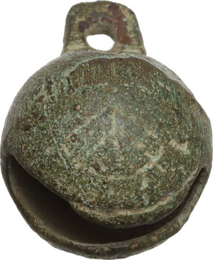 obverse: MEDIEVAL CROTAL BELL  Medieval period, c. 12th-15th century AD.  Bronze crotal bell with interesting letters engraved on both sides: REC and RS.  Weight: 11.72 g.  Dimensions: 31 x 24 mm