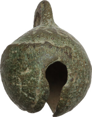 reverse: MEDIEVAL CROTAL BELL  Medieval period, c. 12th-15th century AD.  Bronze crotal bell with interesting letters engraved on both sides: REC and RS.  Weight: 11.72 g.  Dimensions: 31 x 24 mm