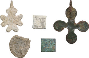 reverse: FIVE ANCIENT ITEMS  Roman to Byzantine period, c. 1st to 12th century AD.  Lot of five ancient items, including two byzantine crosses, one in lead and the other in bronze, two inscribed weights, one in lead and the other in bronze, and a leaden tessera.  Dimensions: from 36 to 11.5 mm