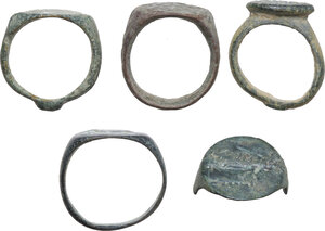 obverse: FIVE ANCIENT RINGS  Greek World to Early Medieval period, c. 3rd century BC to 10th century AD.  Lot of five (5) ancient bronze rings.  Various inner sizes