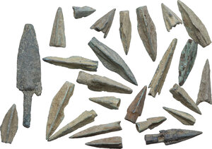 obverse: ANCIENT ARROWHEADS  Ancient Mediterranean, c. 3rd century BC - 3rd century AD.  Lot of twenty five (25) bronze arrow-heads in various shapes and sizes