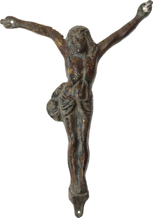 obverse: BRONZE CRUCIFIX  Italy, c. 17th-18th centuries AD.  Bronze crucifix not full fusion, with traces of gilding on the surface.  Dimensions: 134 x 94 mm