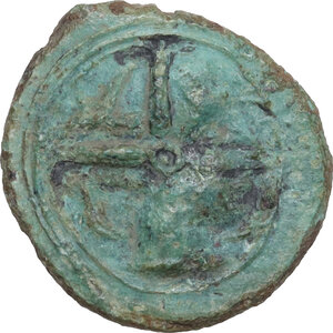 reverse: Syracuse.  Second Democracy (466-405 BC).. AE Hemilitra, c. 405-400 BC. Overstruck on an earlier Tetras