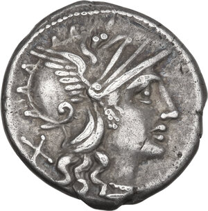 obverse: Decimius Flavus. AR Denarius, 150 BC