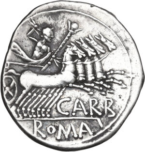 reverse: Cn. Papirius Carbo. AR Denarius, 121 BC