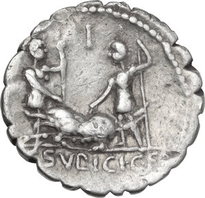reverse: C. Sulpicius C.f. Galba.. AR Denarius serratus, 106 BC