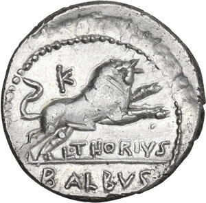 reverse: L. Thorius Balbus. AR Denarius, 105 BC