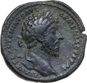 obverse: Marcus Aurelius (161-180).. AE Sestertius, AD 164