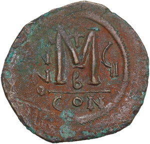 reverse: Maurice Tiberius (582-602).. AE Follis, Costantinople mint, 2nd officina. Dated RY 6 (587/88)