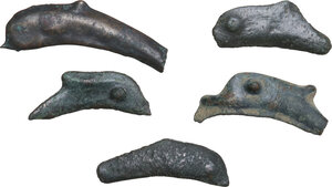 obverse: Skythia, Olbia. Multiple lot of five (5) AE dolphin shaped proto-money. 5th century BC