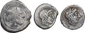 obverse: The Roman Republic.. Lot of three (3) unclassified AR denominations, including: one (1) anonymous victoriatus and two (2) Quinarii of M. Porcius Cato