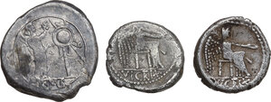 reverse: The Roman Republic.. Lot of three (3) unclassified AR denominations, including: one (1) anonymous victoriatus and two (2) Quinarii of M. Porcius Cato