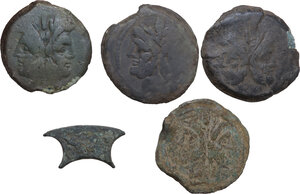 obverse: The Roman Republic.. Multiple lot of four (4) unclassified AE Roman Republican Asses and a bronze pelta