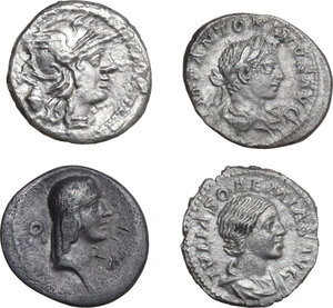 obverse: The Roman Republic and Empire.. Lot of four (4) unclassified AR Denarii, including two (2) Republican and two (2) Imperial issues